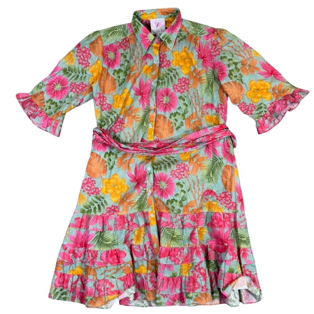 Bella Tu Tropical Floral Ruffle Tiered Shirt Dress Green Pink Orange Size M